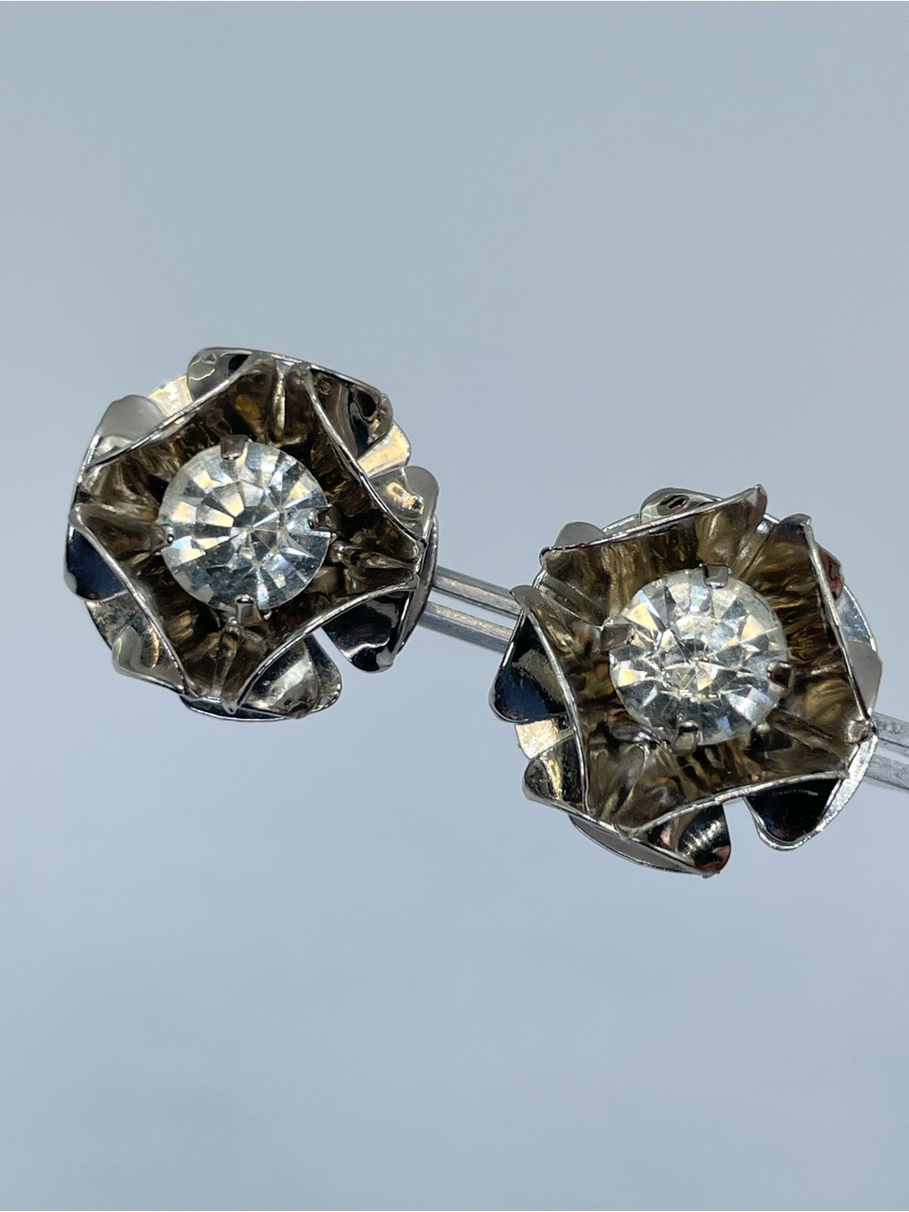 Silver Tone Crystal Glass Flower Stud Earrings Sparkly Floral Statement